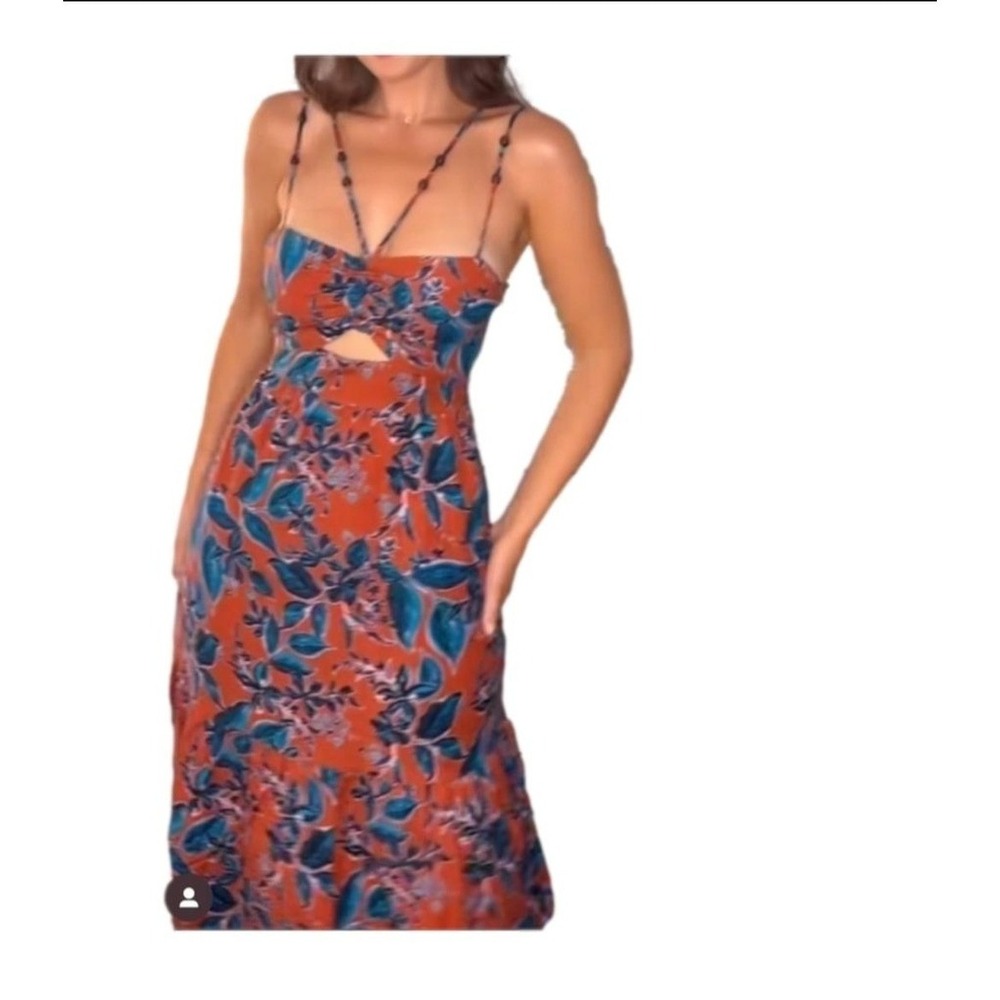 JASON‎ WU Linen Blend Tropical Floral Midi Dress Burnt Orange Teal XS